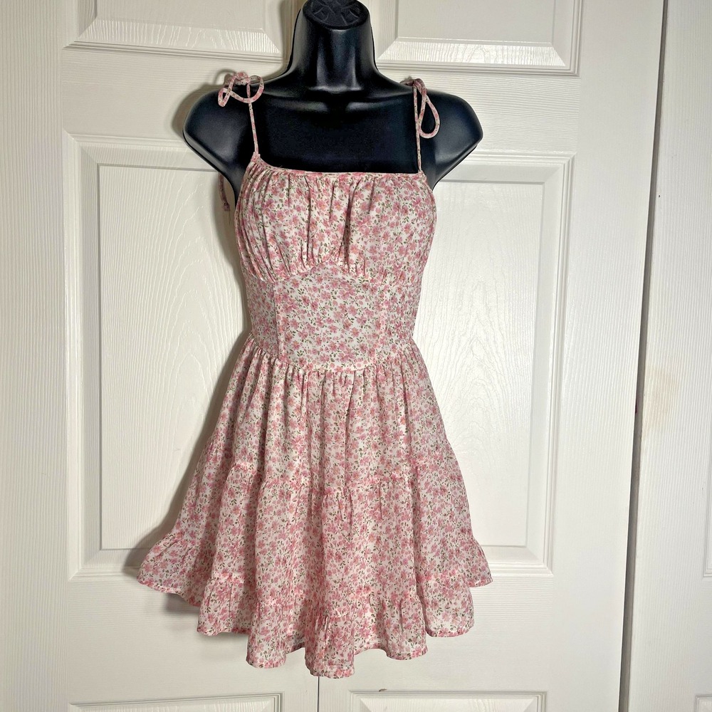 Sky‎ To Moon Sleeveless Floral Dress Womens Small Pink Mini Sundress Ruffle Hem